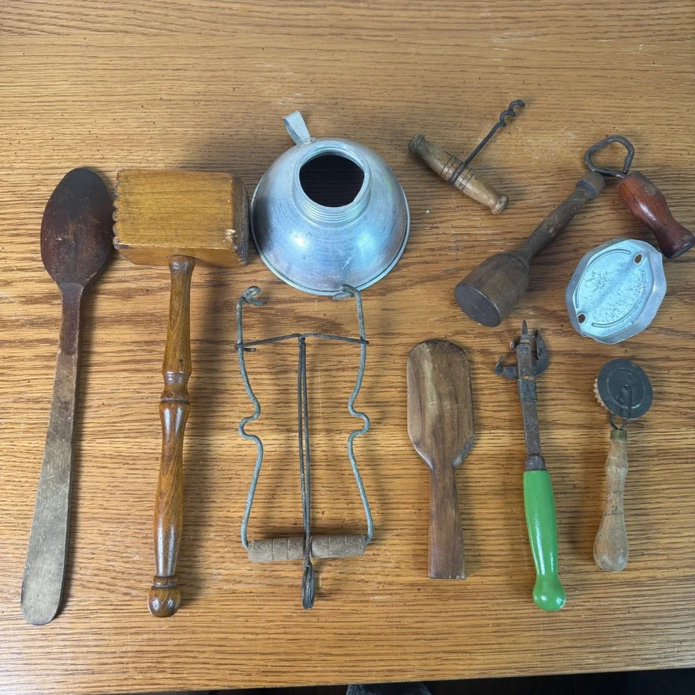 Vintage Rustic Kitchen Utensil Lot Wood Meat Tenderizer Spoon Bottle Opener 10pc